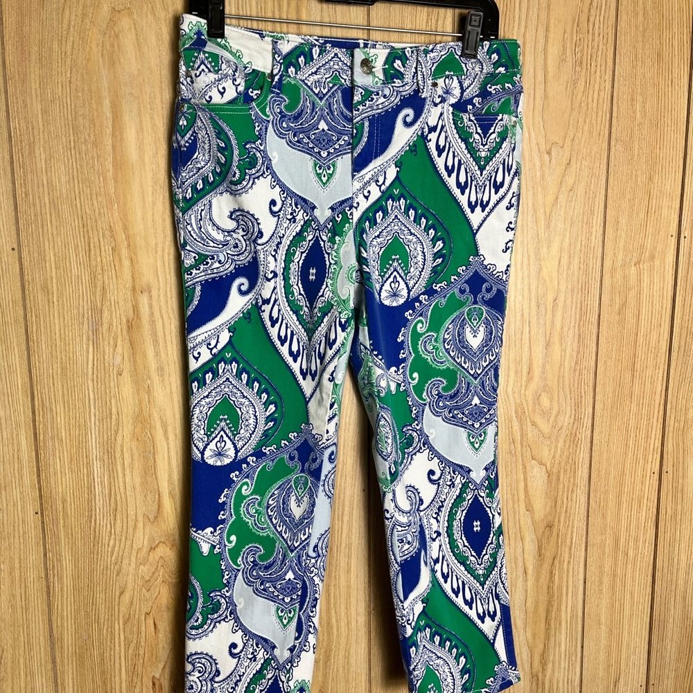 Chico's Green Blue White Paisley Cropped Jeans